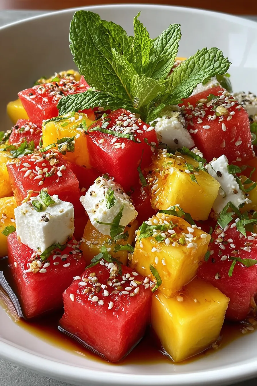 Pineapple, Mango, Watermelon & Feta Cubes with Hot Honey-Lime Drizzle