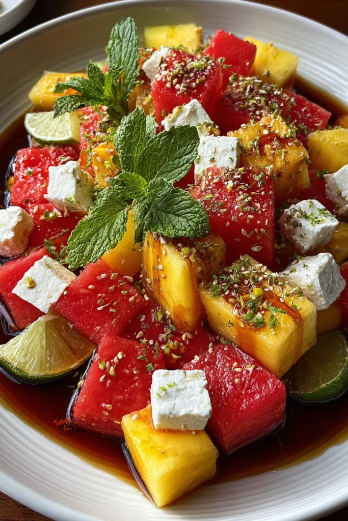 Pineapple, Mango, Watermelon & Feta Cubes with Hot Honey-Lime Drizzle