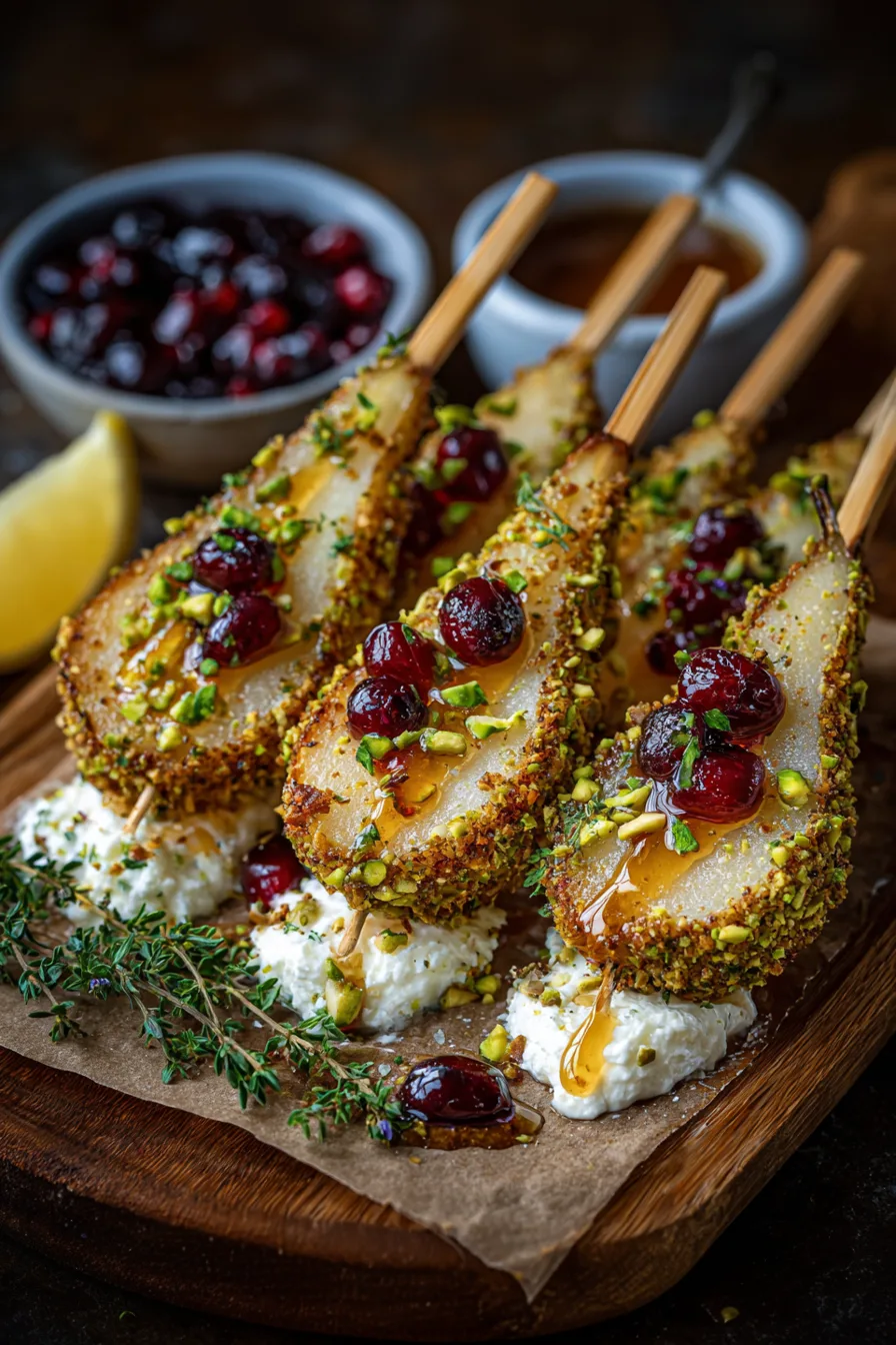 Pistachio-Crusted Pear Skewers with Whipped Brie & Cherry Honey