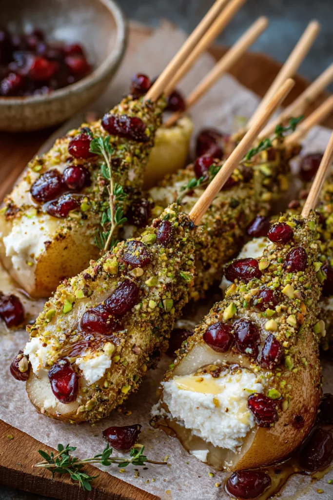 Pistachio-Crusted Pear Skewers with Whipped Brie & Cherry Honey 