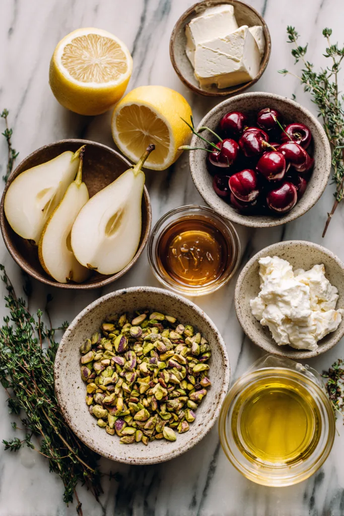 ingredients for Pistachio-Crusted Pear Skewers with Whipped Brie & Cherry Honey, ripe sliced pears, finely chopped pistachios in a rustic bowl, creamy brie cheese, cream cheese, fresh cherries, golden honey in a glass jar, fresh thyme sprigs, lemon halves, melted butter