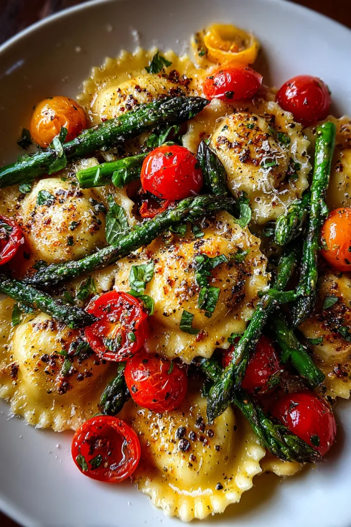 Ravioli with Cherry Tomatoes, Asparagus, Garlic, and Herbs