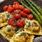 Ravioli with Cherry Tomatoes, Asparagus, Garlic, and Herbs
