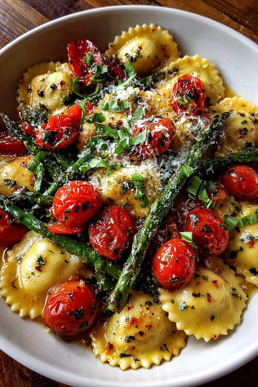 Ravioli with Cherry Tomatoes, Asparagus, Garlic, and Herbs
