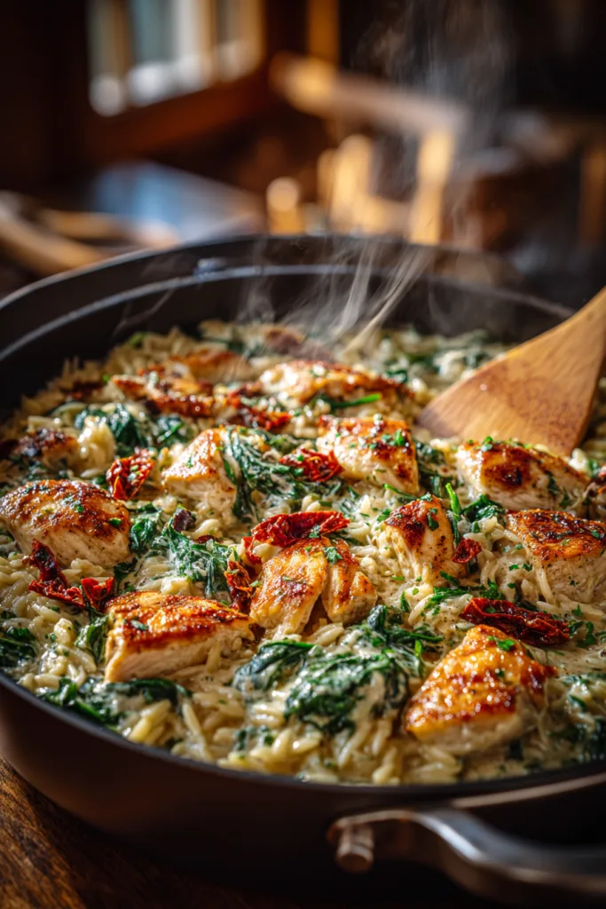 Creamy Tuscan Chicken Orzo with Spinach