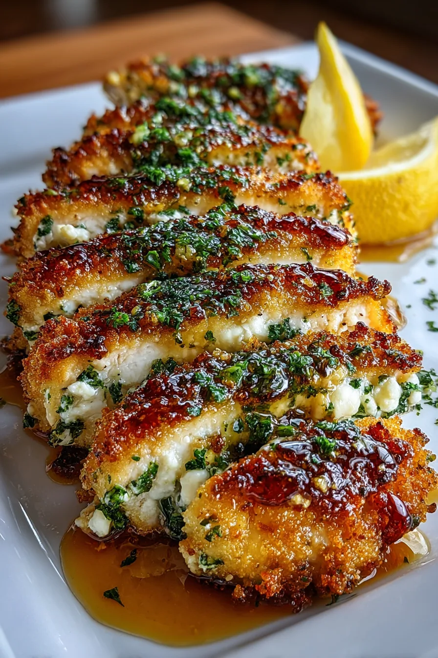 Crispy Baked Hot Honey Lemon Feta Chicken Cutlets with Herb Crust