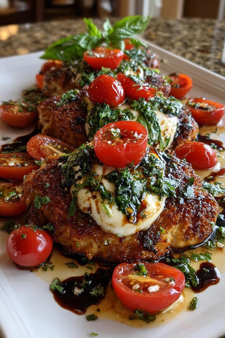 Crispy Basil Chicken Caprese with Roasted Tomatoes & Fresh Mozzarella