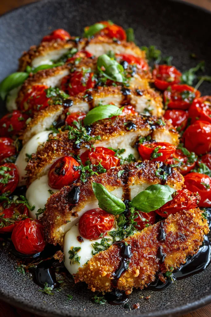 Crispy Basil Chicken Caprese with Roasted Tomatoes & Fresh Mozzarella