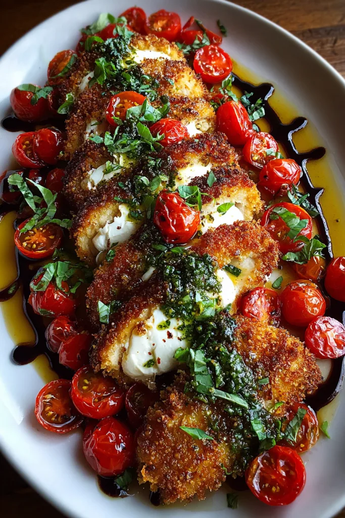 Crispy Basil Chicken Caprese with Roasted Tomatoes & Fresh Mozzarella