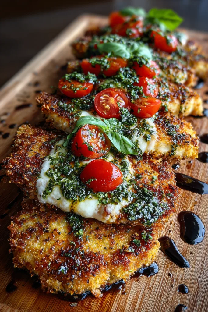 Crispy Italian Basil Chicken Cutlets with Tomato, Mozzarella