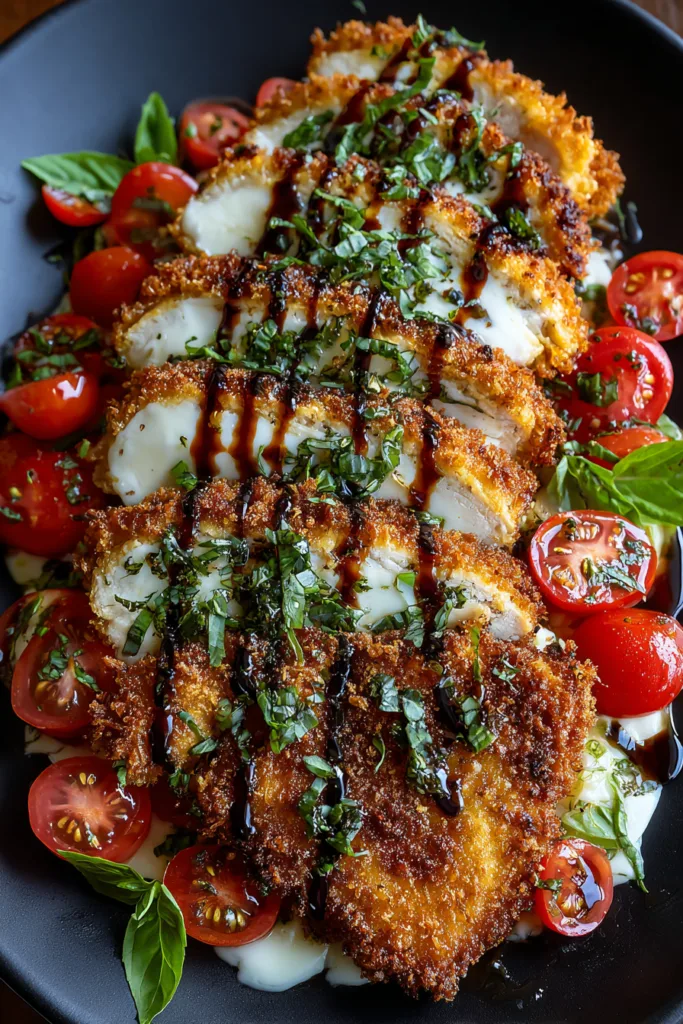 Crispy Italian Basil Chicken Cutlets with Tomato, Mozzarella