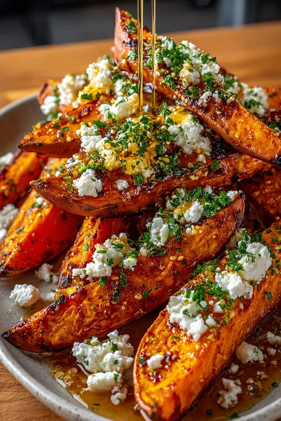 Crispy Roasted Sweet Potato Wedges with Feta and Hot Honey Drizzle