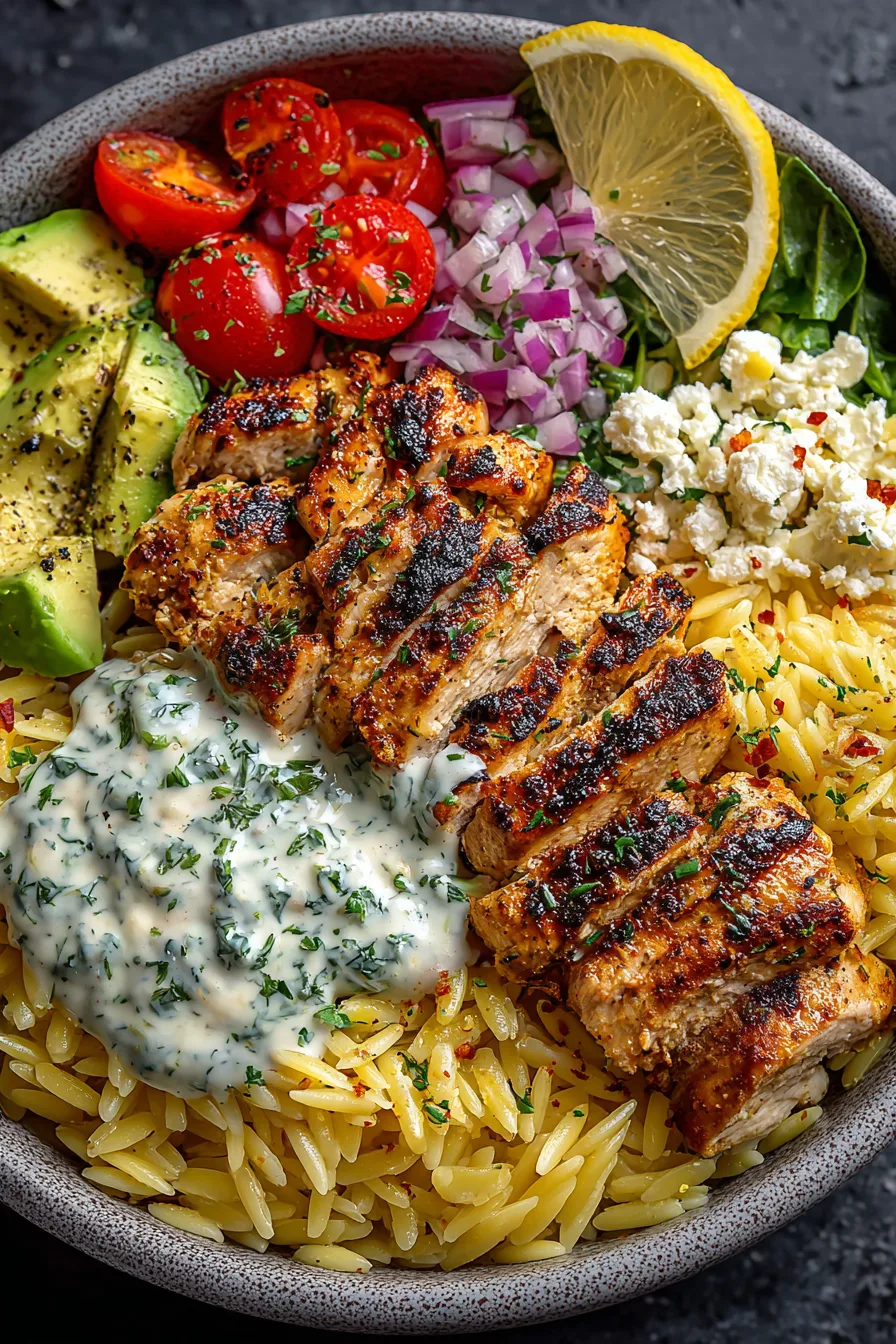 Lemon Dijon Chicken Orzo Bowl with Lemon Feta Yogurt Sauce