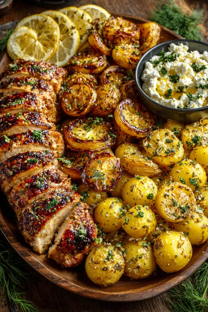 Lemon Dijon Chicken with Whipped Garlic Feta & Crispy Potatoes
