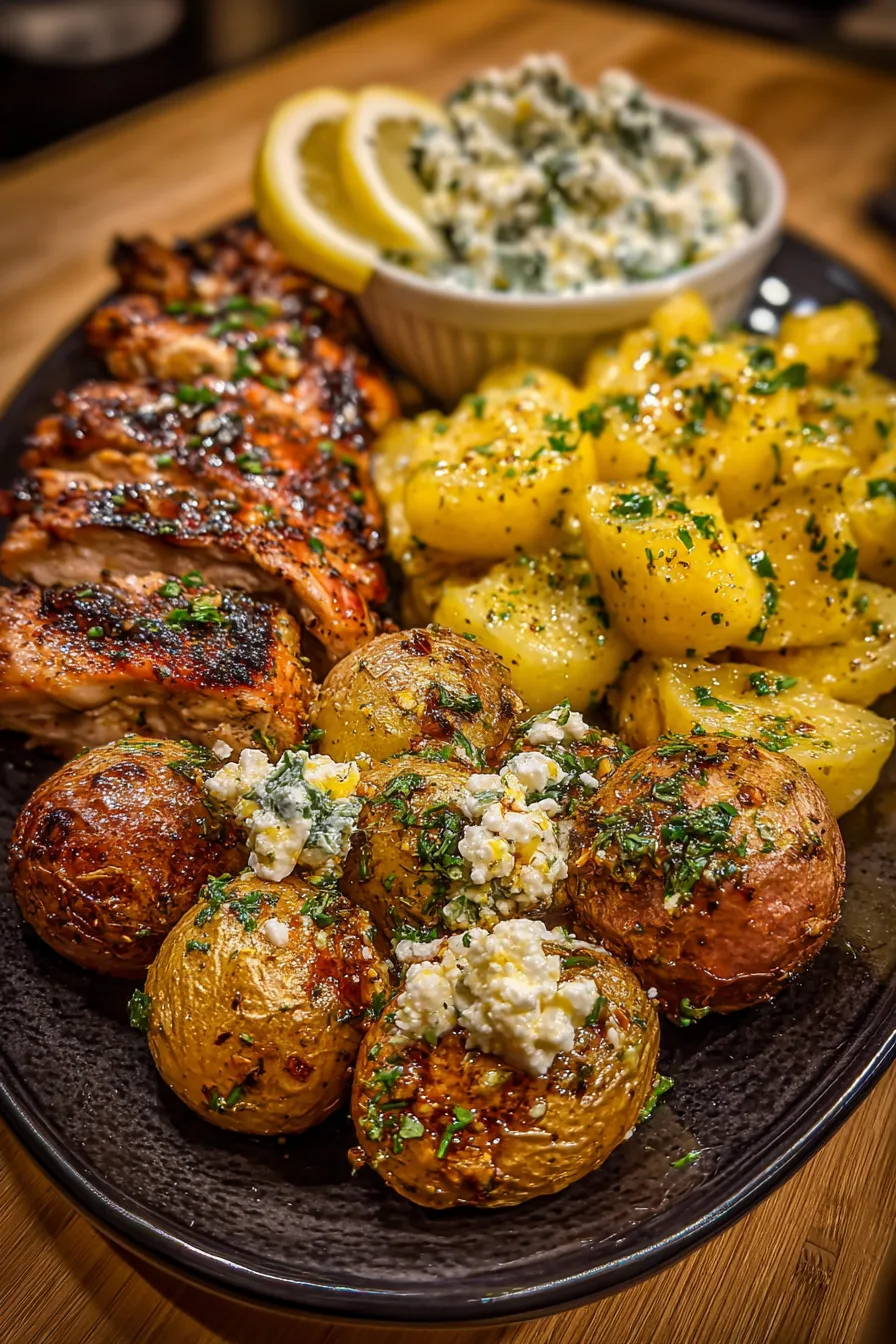 Lemon Dijon Chicken with Whipped Garlic Feta & Crispy Potatoes