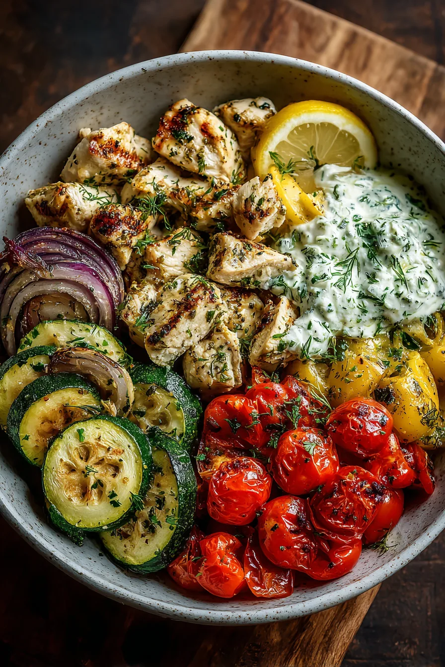 Mediterranean Chicken Burrata Bowl with Roasted Zucchini & Lemon Herb Dressing