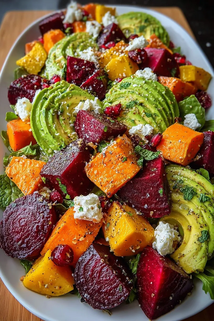 Vibrant Roasted Beet Sweet Potato Avocado Salad