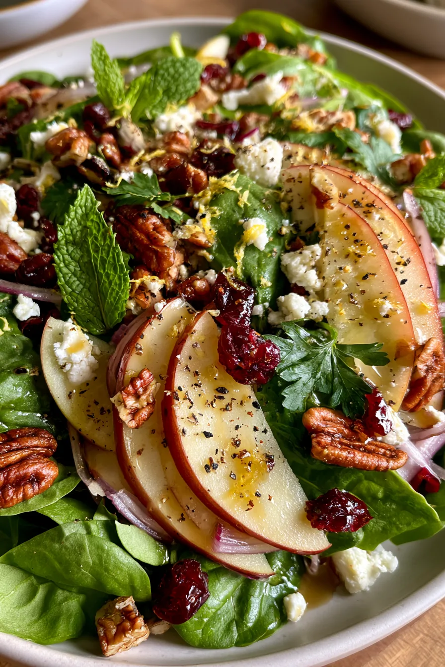 Apple Spinach Salad with Pecans, Cranberries, Goat Cheese, and Homemade Maple Dressing