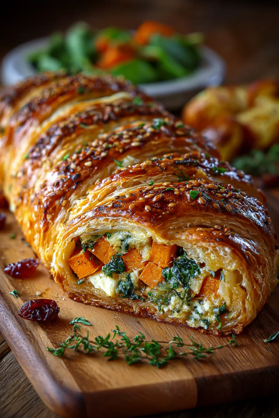 Baked Feta & Spinach Puff Pastry Braid with Sweet Potato & Cranberry