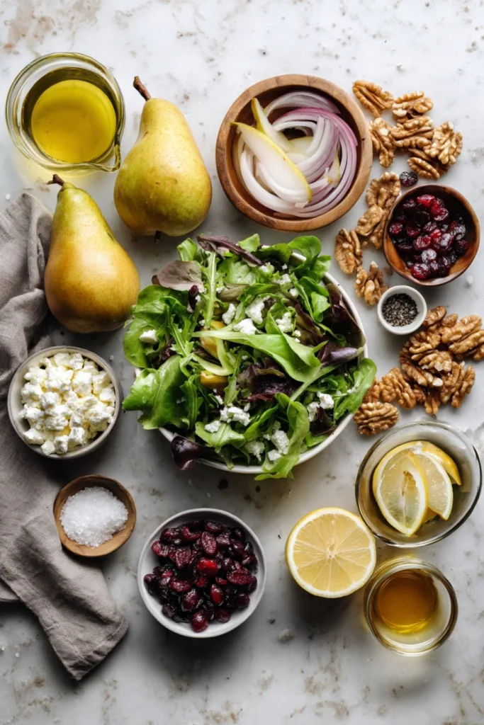 Crisp Pear Salad with Greens, Walnuts & Creamy Cheese