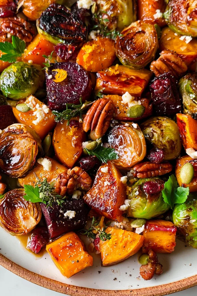 Roasted Butternut Squash, Brussels Sprouts, Beets, Pecans, and Cranberries