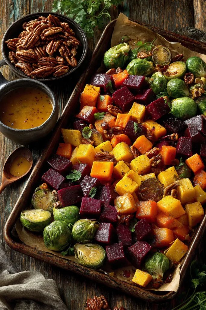 Roasted Butternut Squash, Brussels Sprouts, Beets, Pecans, and Cranberries