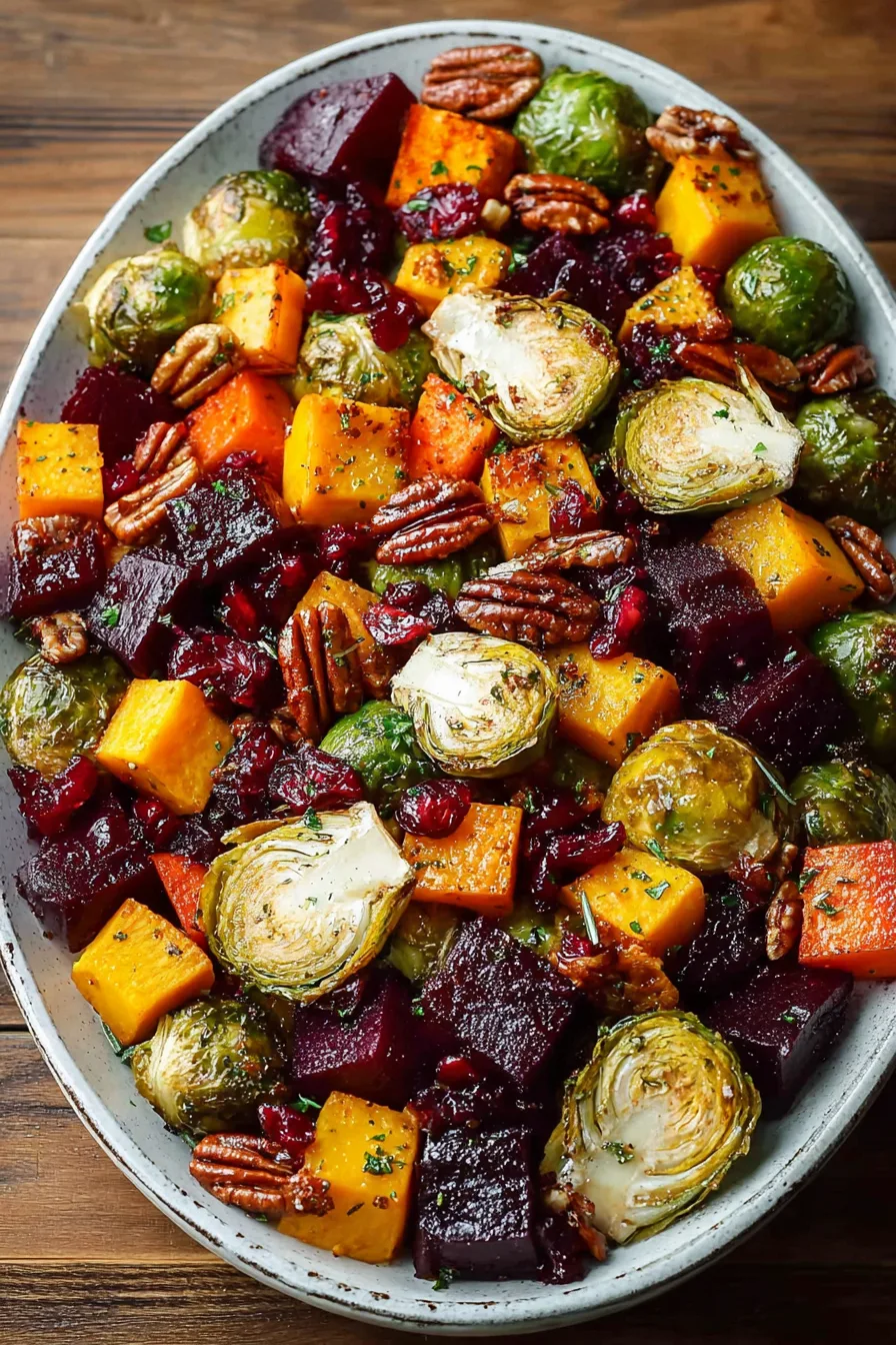 Roasted Butternut Squash, Brussels Sprouts, Beets, Pecans, and Cranberries