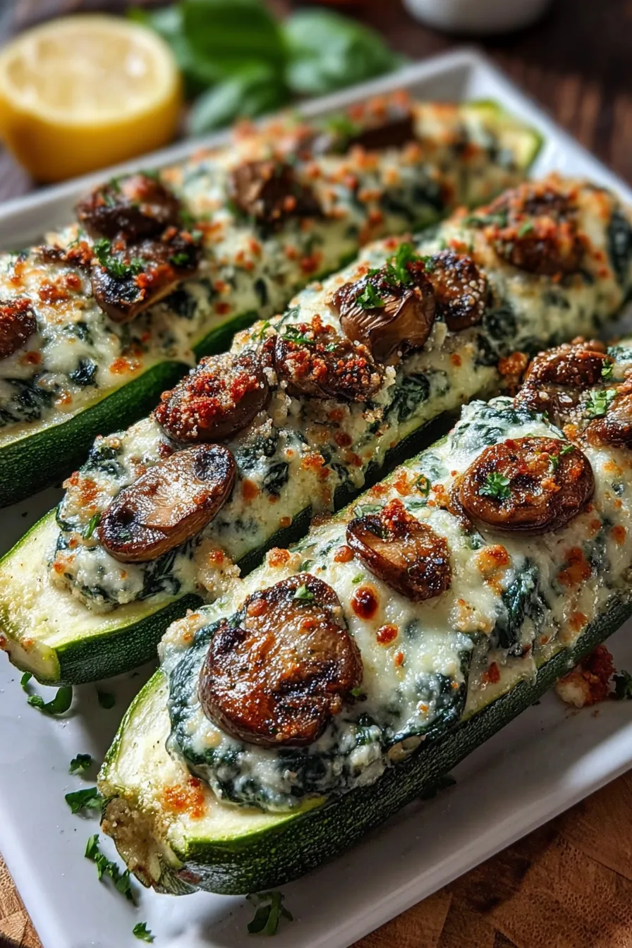 Spinach, Mushroom, and Ricotta Stuffed Zucchini Boats