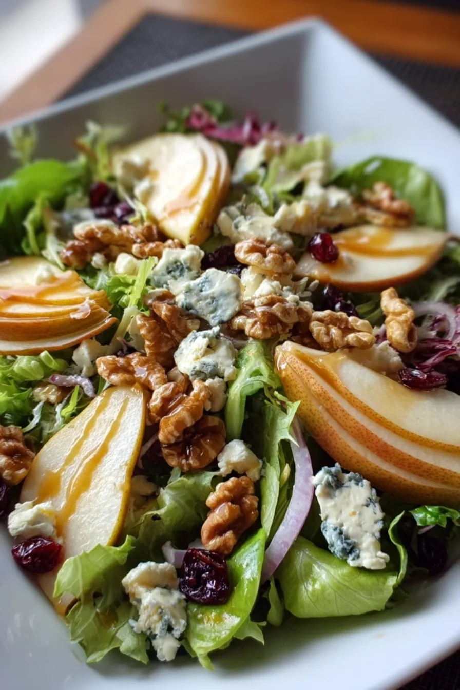 Crisp Pear Salad with Greens, Walnuts & Creamy Cheese